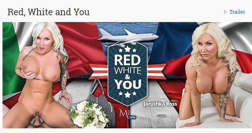 MILF VR model with big boobs tattoos and platinum blonde hair having sex in an airplane