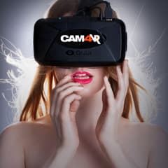 cam 4 vr topless babe with red lipstick bites lip wearing oculus rift headset