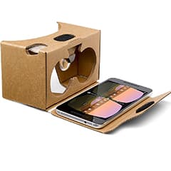 Cardboard VR headset front panel open revealing smartphone inside