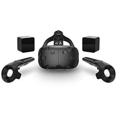 HTC Vive VR headset with dual controllers and motion sensor cubes