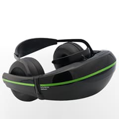 Black and green OSVR virtual reality headset with built in earphones