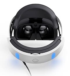 Backside angle of PlayStation VR headset showing black goggles and forehead rest